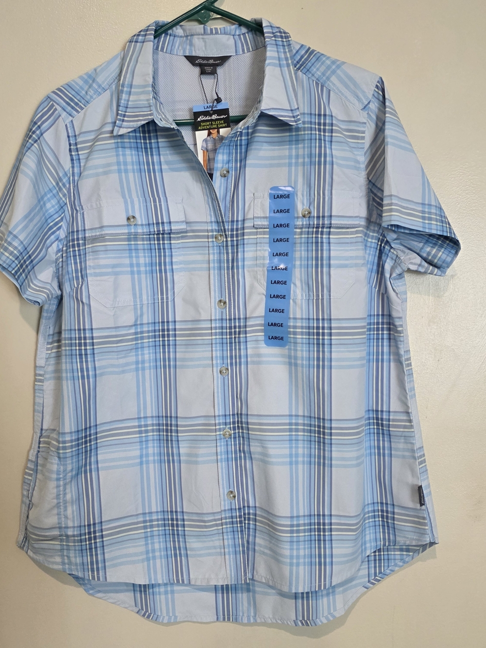 Eddie Bauer Light Blue Plaid Short-Sleeve Button-Down Shirt Outdoors Adventure L